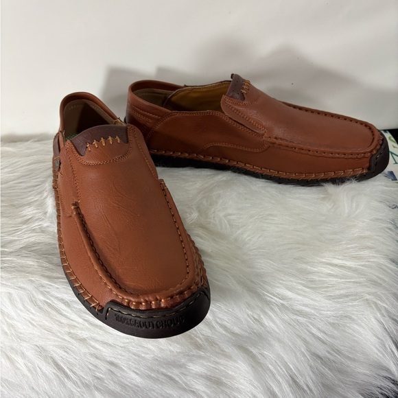 Brown Manmade Leather Slip-On Loafers with Contrast Stitching - Picture 1 of 7